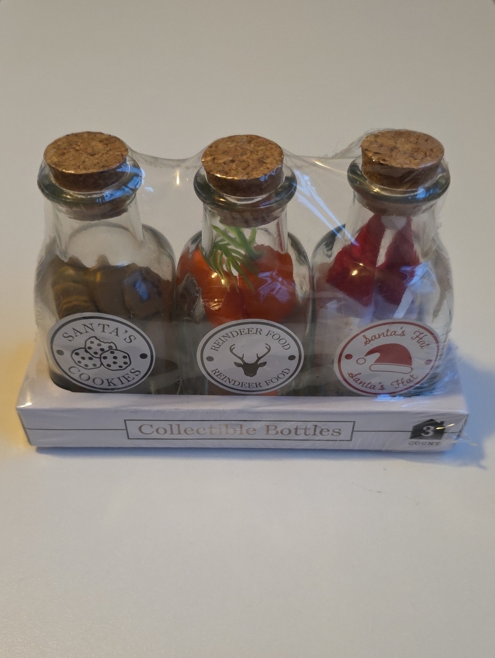 Collectible Holiday Glass Bottles With Cork Trio - Santa And Reindeer - NWT
